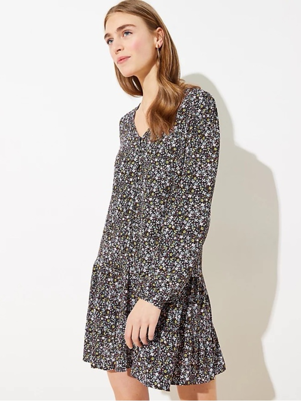 LOFT Black Floral Long-Sleeve V-Neck Tiered Dress